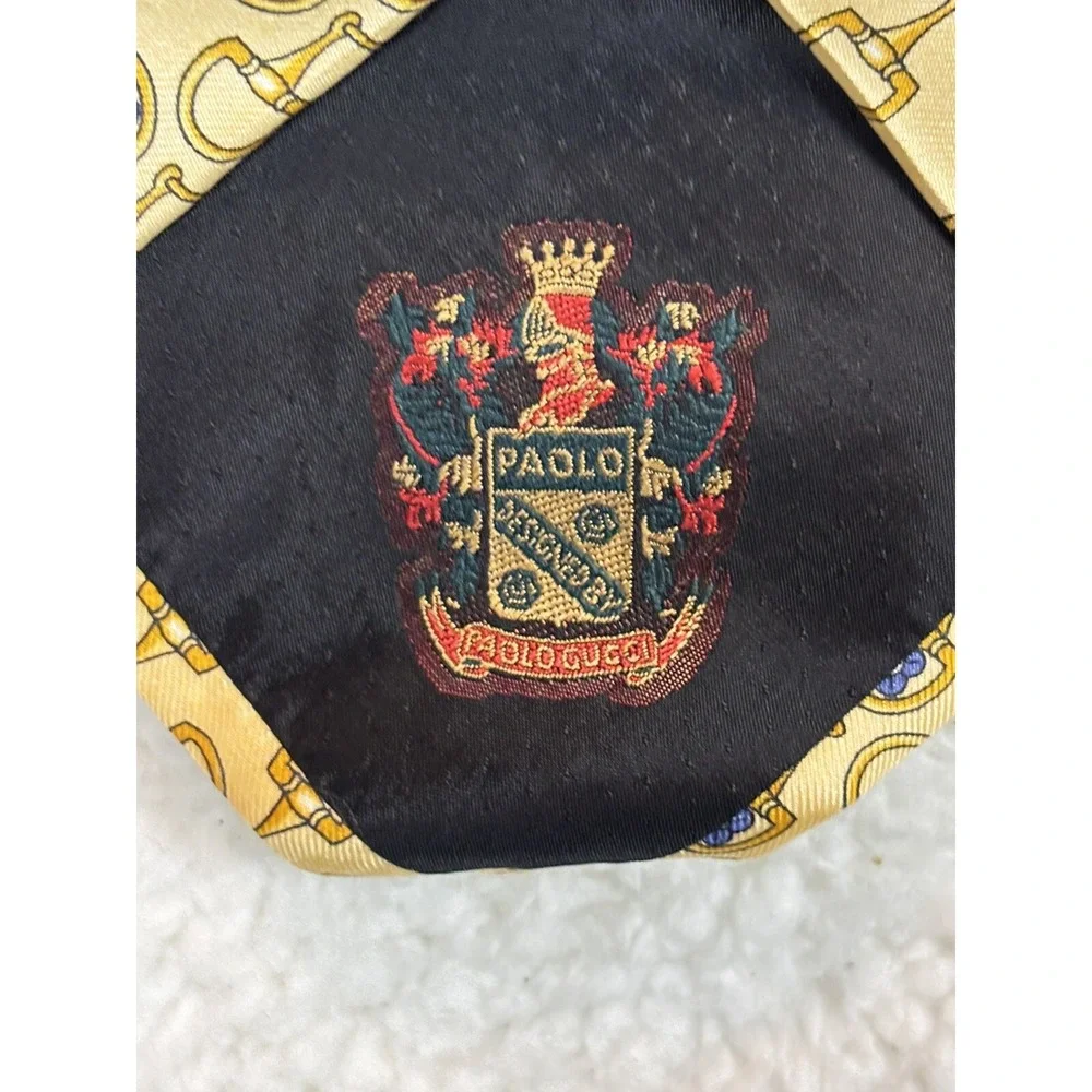 Paolo Gucci Silk Tie Mens OS Yellow Excellent Horsebit Floral Crest Italy